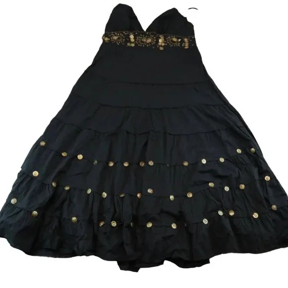 Vasna Women's Halter Cotton Midi Dress Black Boho Gold Coins Embellishments - Picture 11 of 15